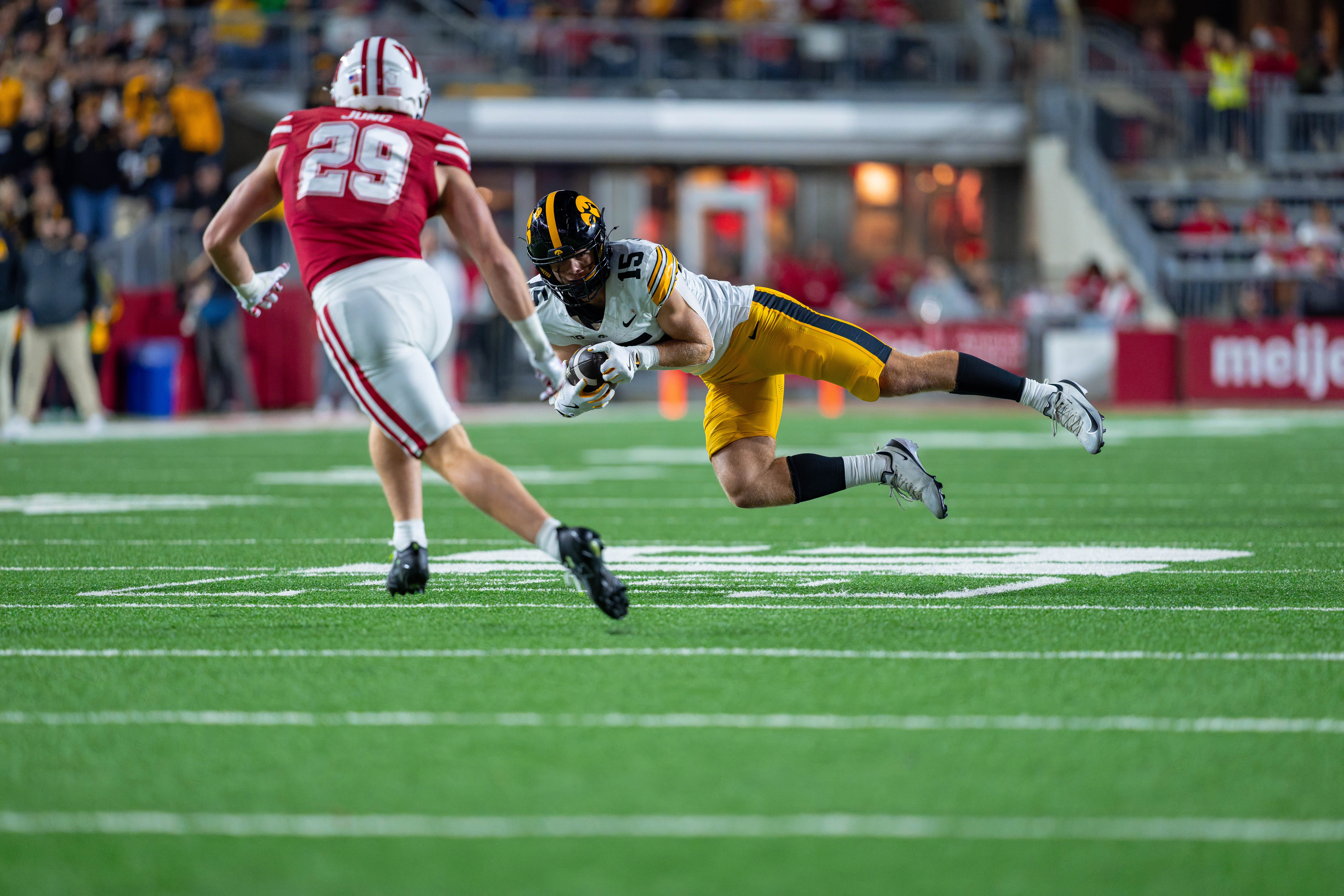 Oct 11, 2025; Madison, Wisconsin, USA; Iowa Hawkeyes wide receiver Reece Vander Zee (15) catches a pass in the second half against the Wisconsin Badgers at Camp Randall Stadium. Mandatory Credit Photography by Ross Harried for Second Crop Sports.
