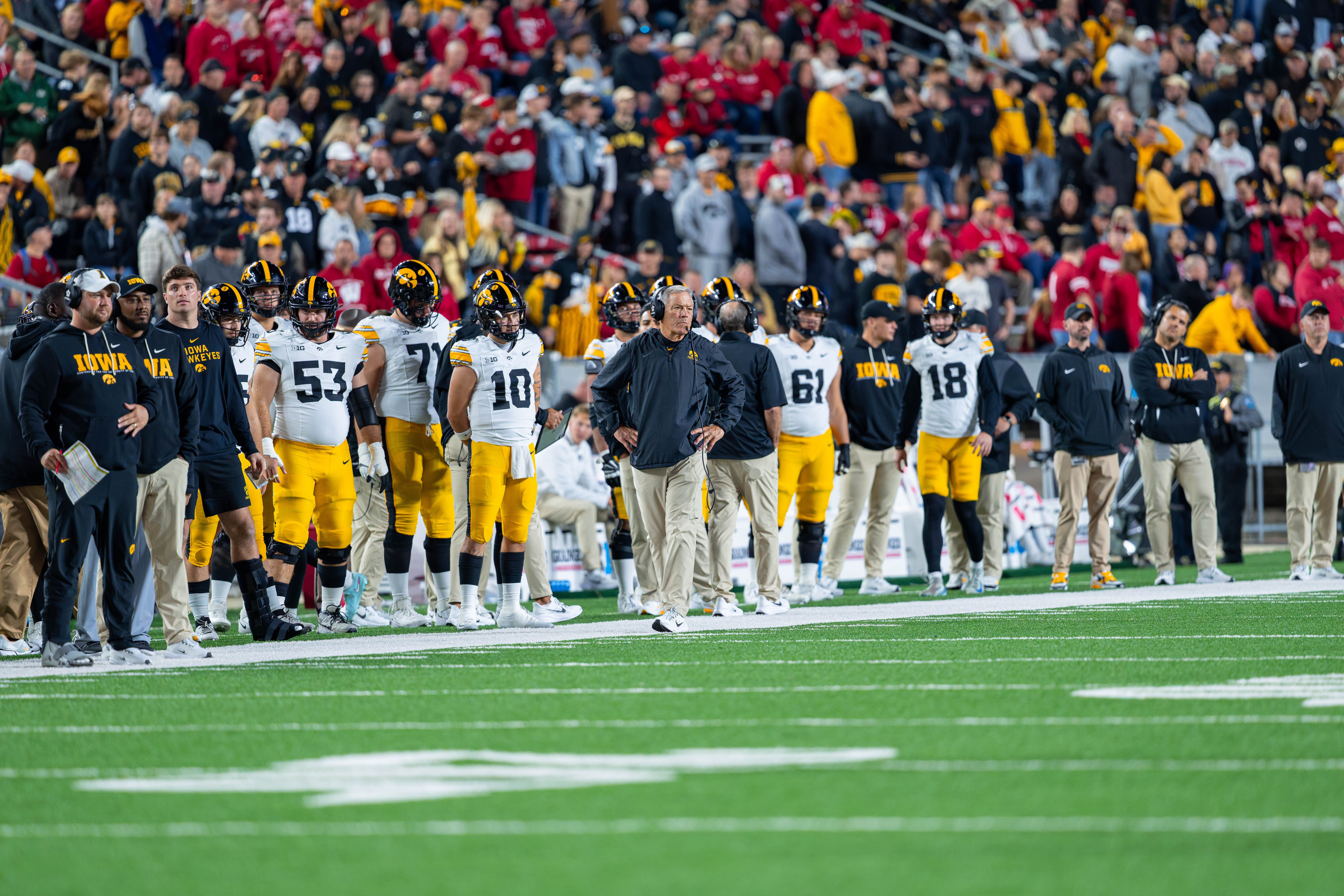 Oct 11, 2025; Madison, Wisconsin, USA; Iowa Hawkeyes head coach Kirk Ferentz watches from the sideline in the second half against the Wisconsin Badgers at Camp Randall Stadium. Mandatory Credit Photography by Ross Harried for Second Crop Sports.