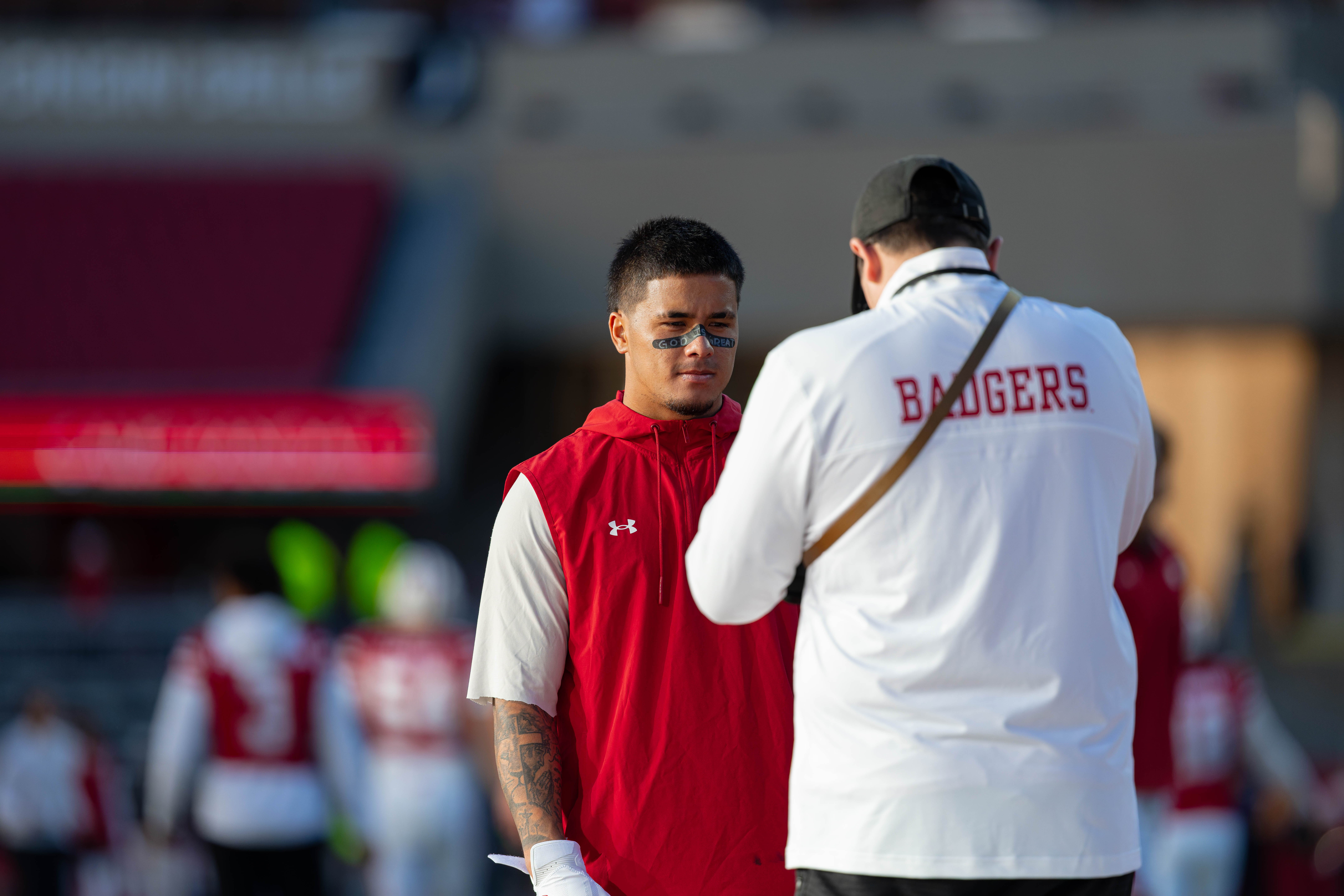 Oct 11, 2025; Madison, Wisconsin, USA; Wisconsin Badgers wide receiver Trech Kekahuna (2) poses for a photo before a game against the Iowa Hawkeyes at Camp Randall Stadium. Mandatory Credit Photography by Ross Harried for Second Crop Sports.