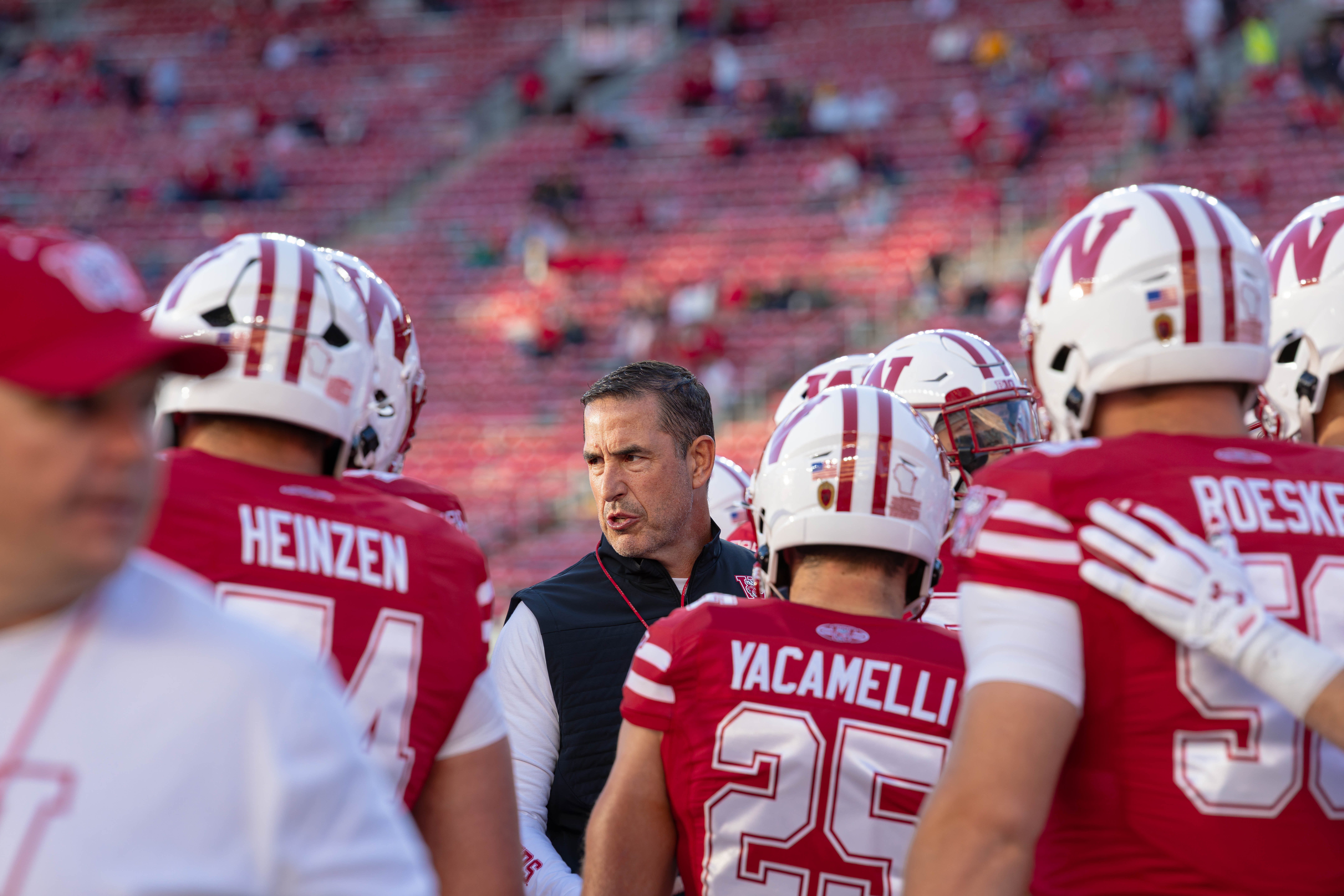 Oct 11, 2025; Madison, Wisconsin, USA; Wisconsin Badgers head coach Luke Fickell talks to his team before taking the field for warmups against the Iowa Hawkeyes at Camp Randall Stadium. Mandatory Credit Photography by Ross Harried for Second Crop Sports.