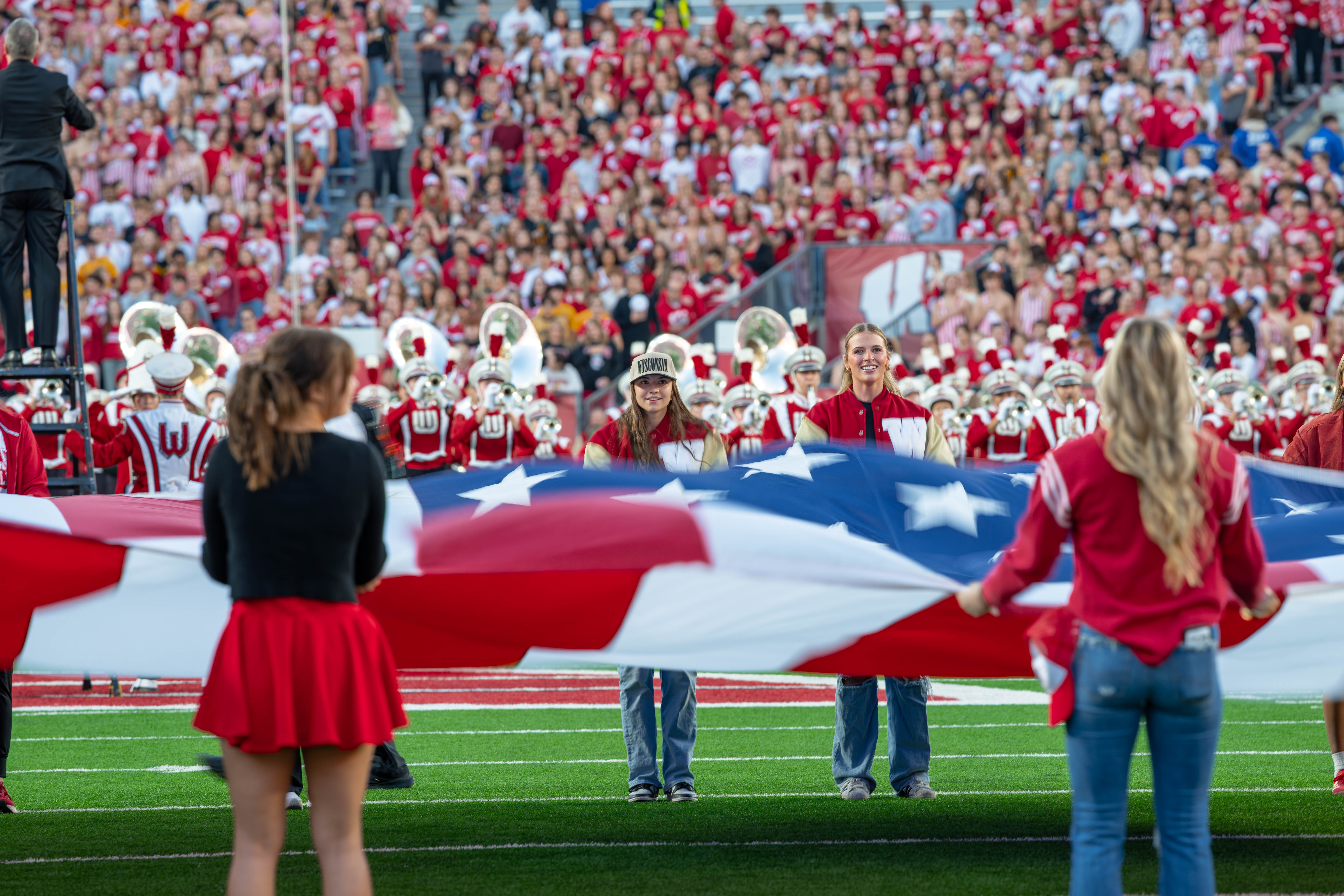 Oct 11, 2025; Madison, Wisconsin, USA; The Wisconsin Badges Marching Band plays the National Anthem before the game between the Wisconsin Badgers and the Iowa Hawkeyes at Camp Randall Stadium. Mandatory Credit Photography by Ross Harried for Second Crop Sports.