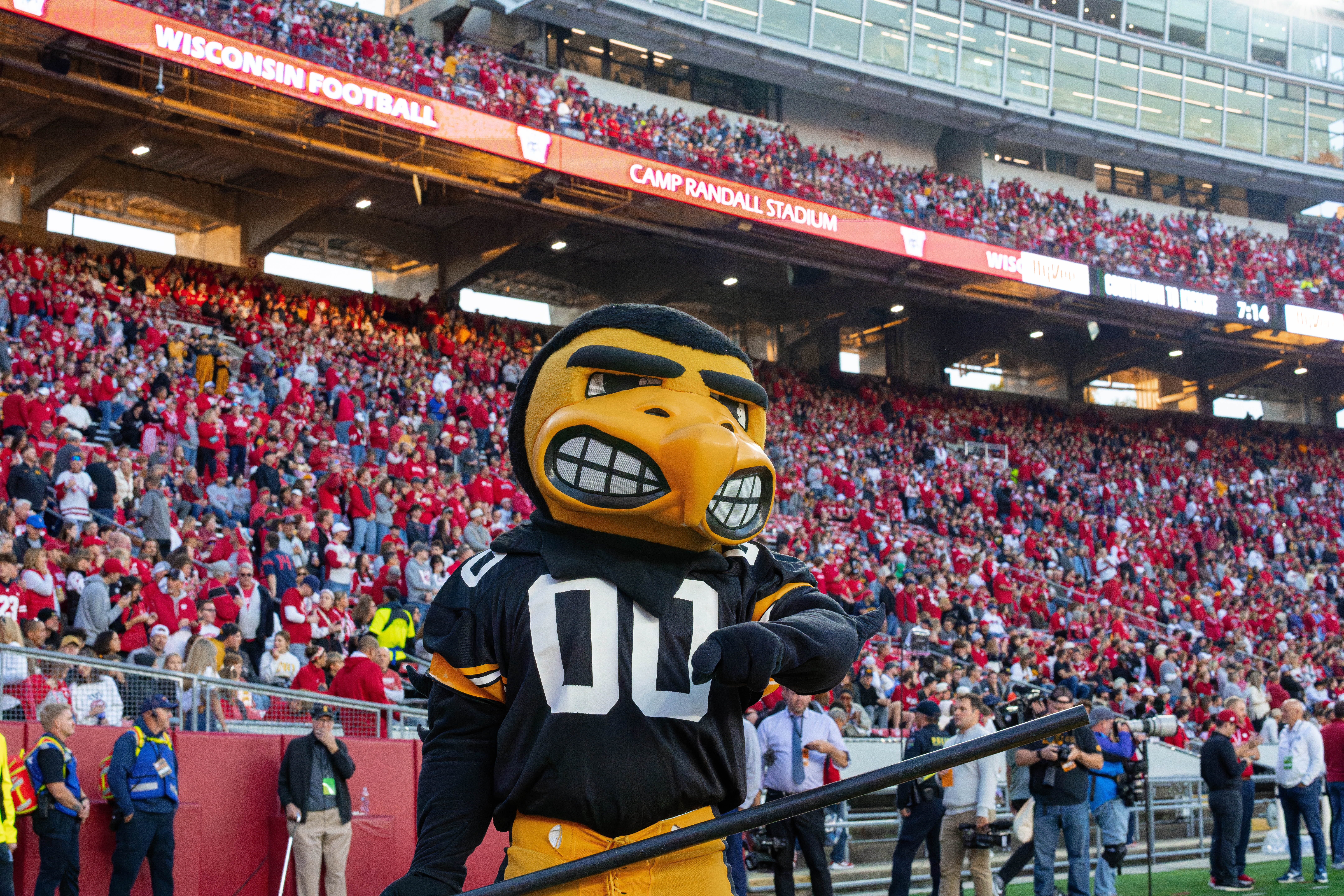 Oct 11, 2025; Madison, Wisconsin, USA; Herky the Hawk of the Iowa Hawkeyes poses for a photo before a game between the Wisconsin Badgers and the Iowa Hawkeyes at Camp Randall Stadium. Mandatory Credit Photography by Ross Harried for Second Crop Sports.