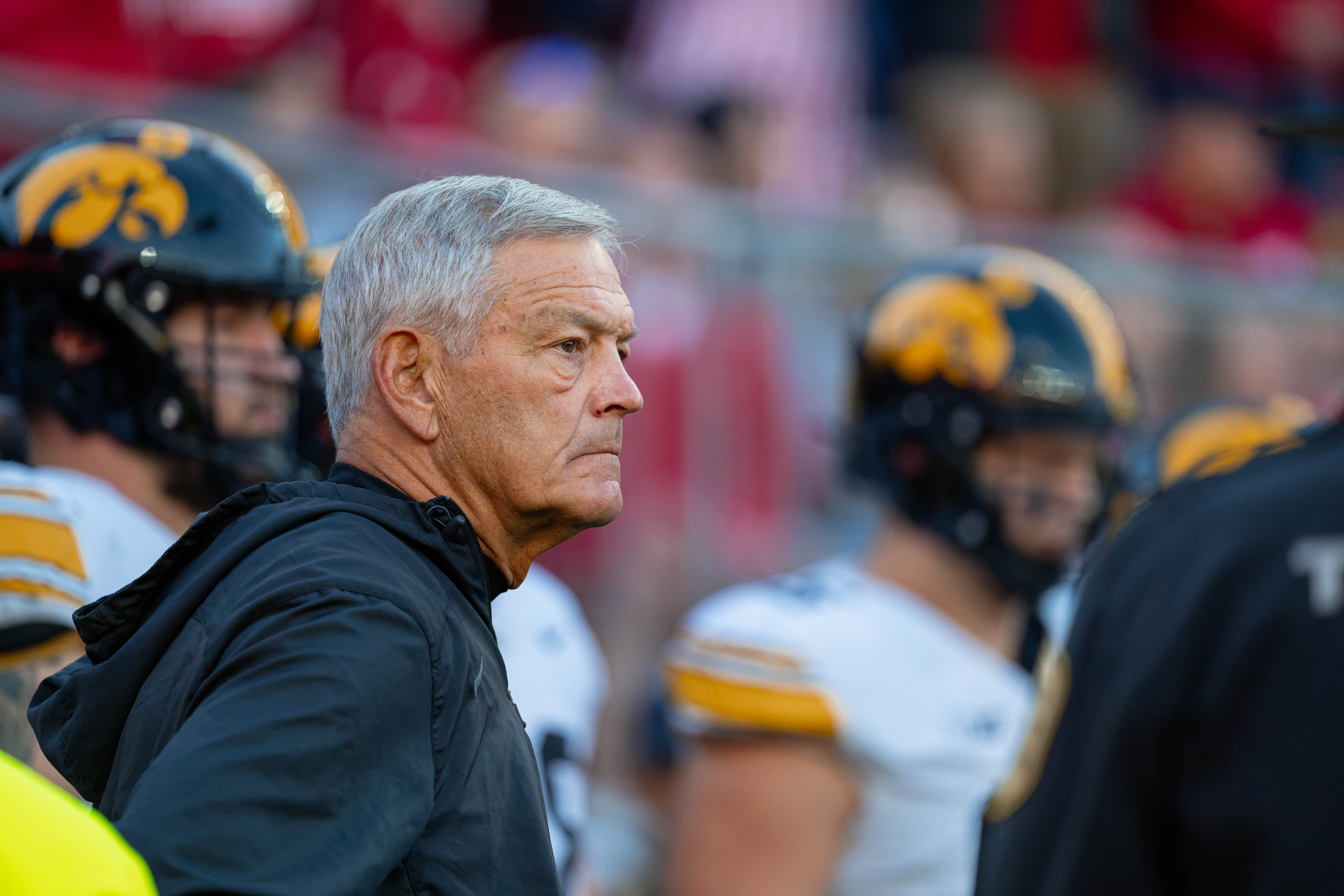 Oct 11, 2025; Madison, Wisconsin, USA; Iowa Hawkeyes head coach Kirk Ferentz looks towards the field before a game against the Wisconsin Badgers at Camp Randall Stadium. Mandatory Credit Photography by Ross Harried for Second Crop Sports.