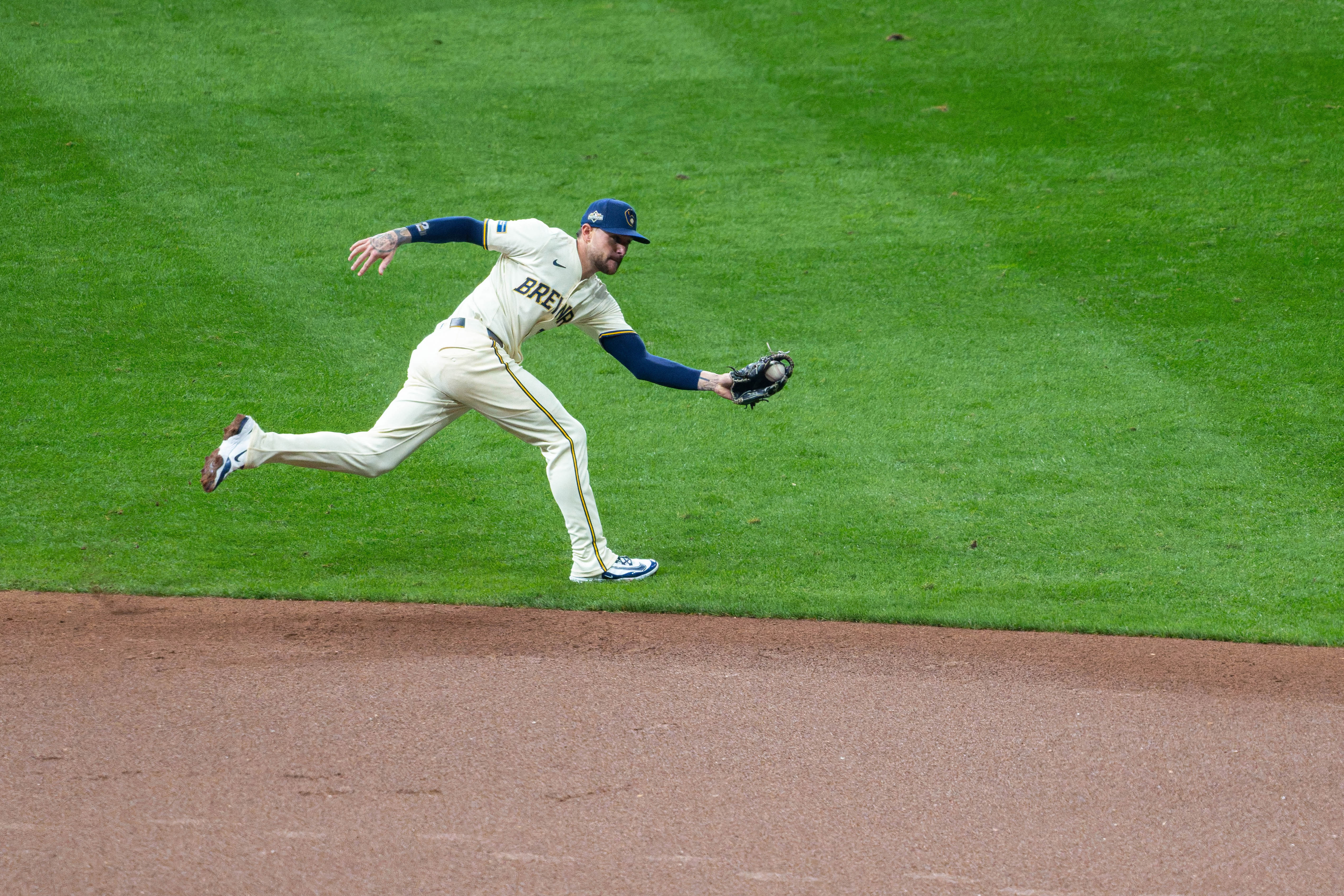 Oct 13, 2025; Milwaukee, Wisconsin, USA; Game 1 of the National League Championship Series between the Milwaukee Brewers and the Los Angeles Dodgers at American Family Field on October 13, 2025 in Milwaukee, Wisconsin. Photography by Ross Harried for Second Crop Sports.