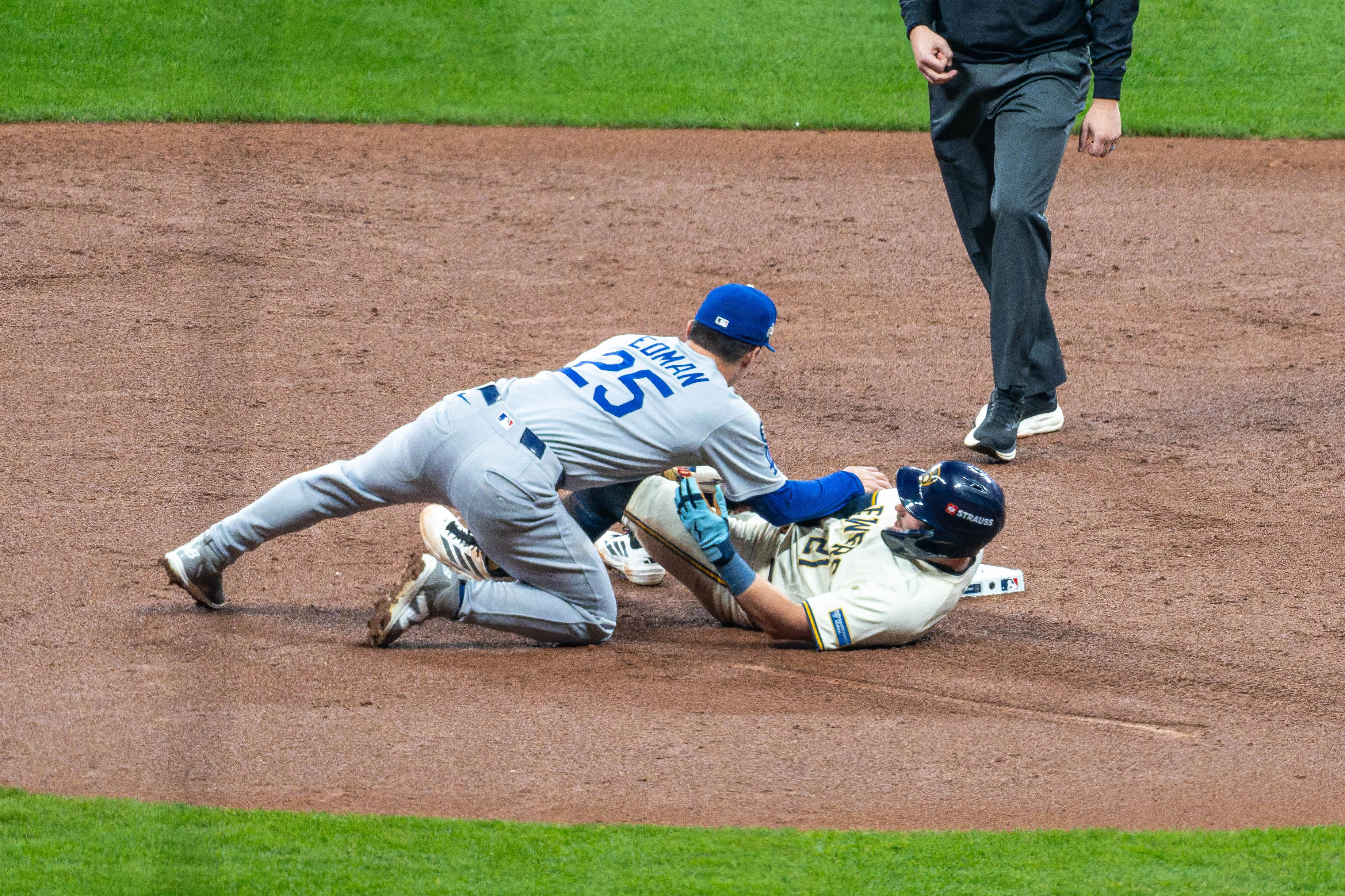 Oct 13, 2025; Milwaukee, Wisconsin, USA; Game 1 of the National League Championship Series between the Milwaukee Brewers and the Los Angeles Dodgers at American Family Field on October 13, 2025 in Milwaukee, Wisconsin. Photography by Ross Harried for Second Crop Sports.