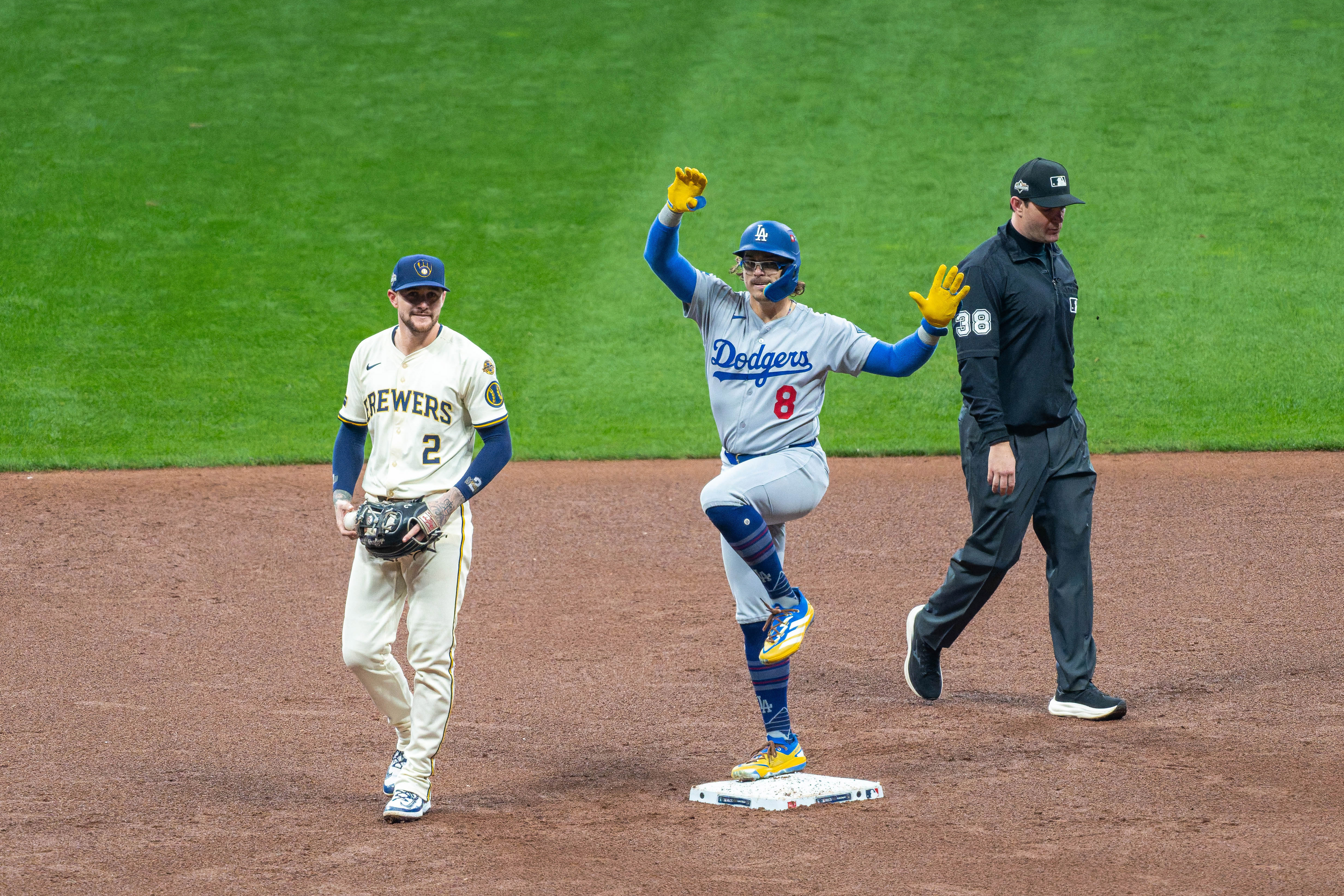 Oct 13, 2025; Milwaukee, Wisconsin, USA; Game 1 of the National League Championship Series between the Milwaukee Brewers and the Los Angeles Dodgers at American Family Field on October 13, 2025 in Milwaukee, Wisconsin. Photography by Ross Harried for Second Crop Sports.