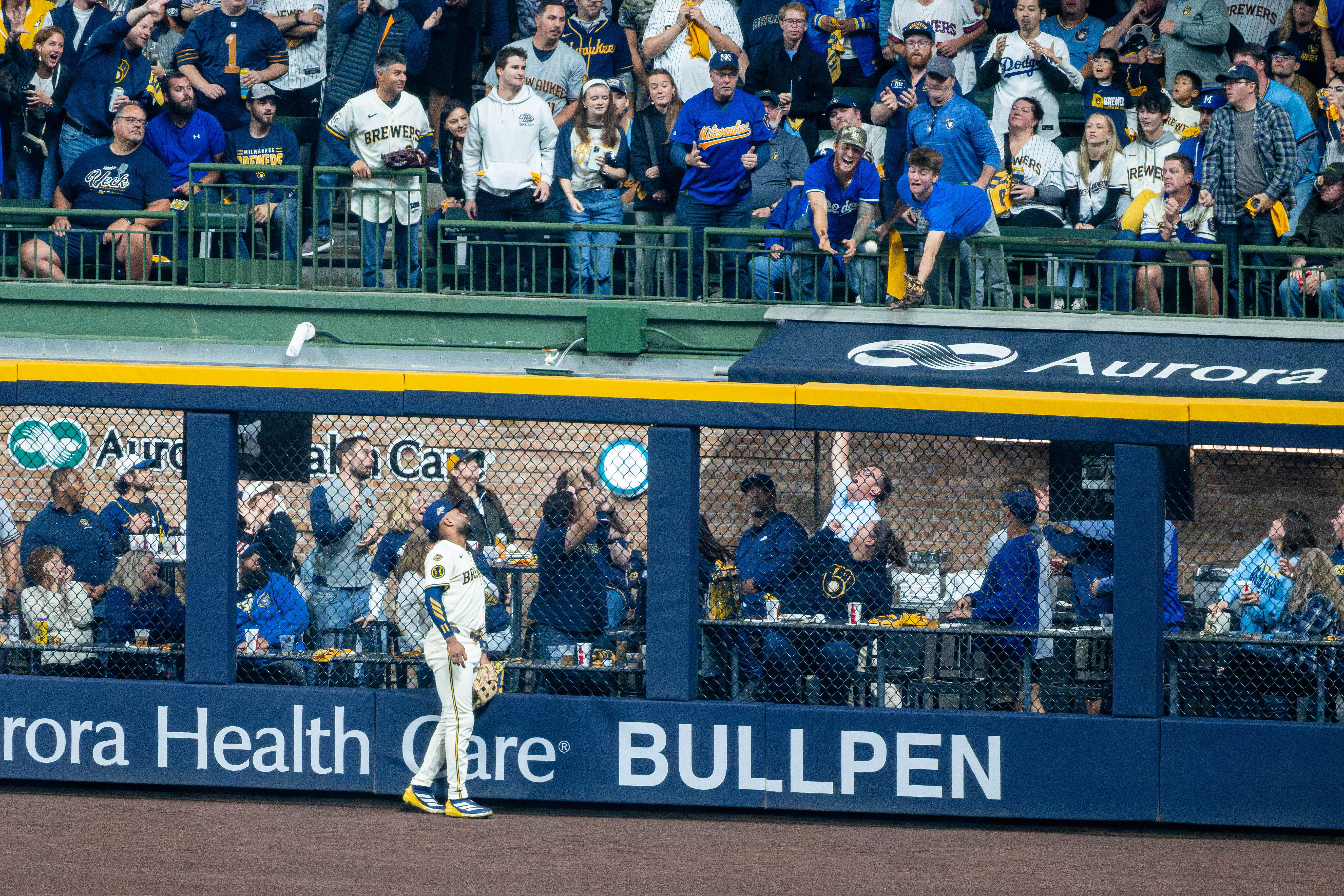 Oct 13, 2025; Milwaukee, Wisconsin, USA; Game 1 of the National League Championship Series between the Milwaukee Brewers and the Los Angeles Dodgers at American Family Field on October 13, 2025 in Milwaukee, Wisconsin. Photography by Ross Harried for Second Crop Sports.