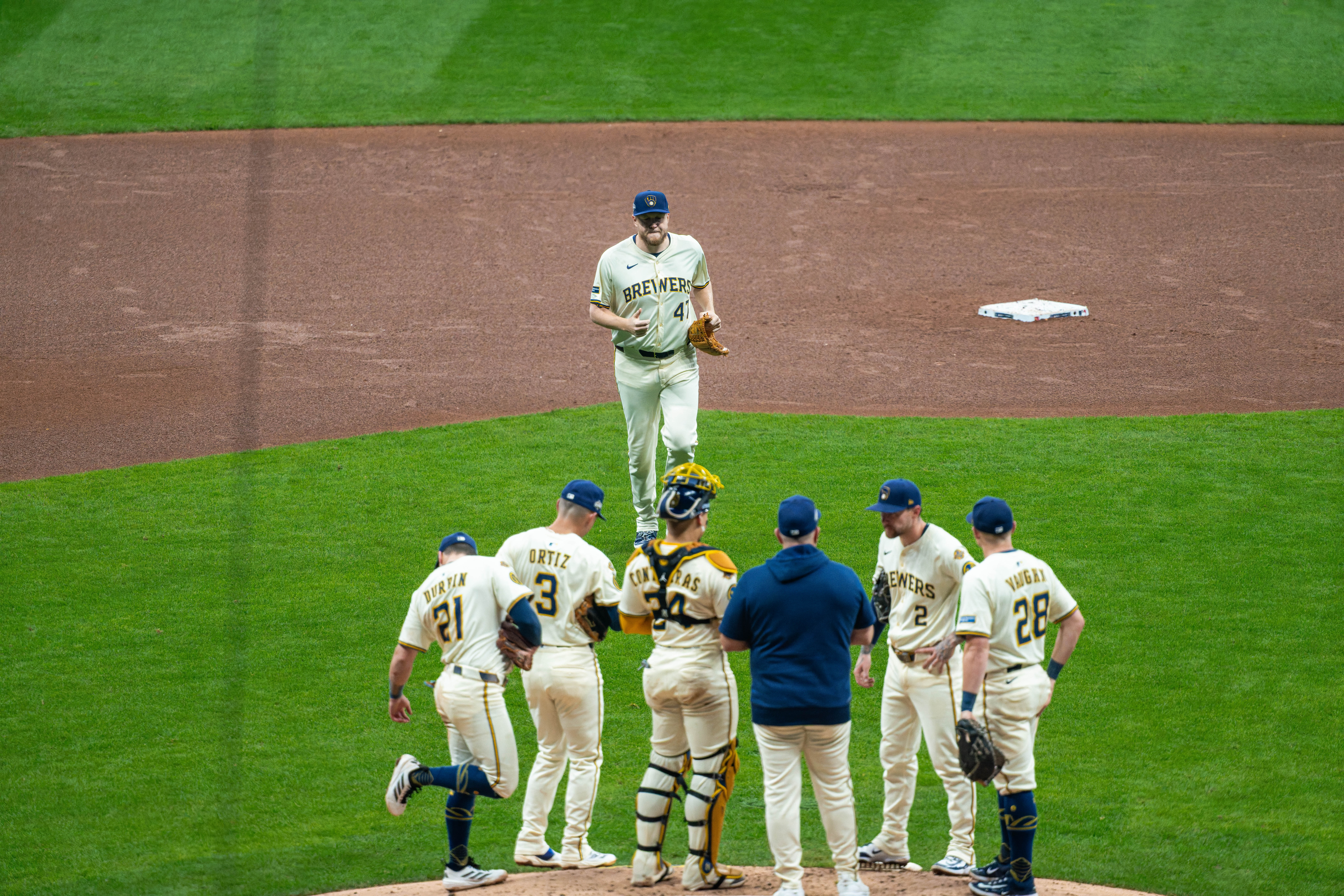 Oct 13, 2025; Milwaukee, Wisconsin, USA; Game 1 of the National League Championship Series between the Milwaukee Brewers and the Los Angeles Dodgers at American Family Field on October 13, 2025 in Milwaukee, Wisconsin. Photography by Ross Harried for Second Crop Sports.
