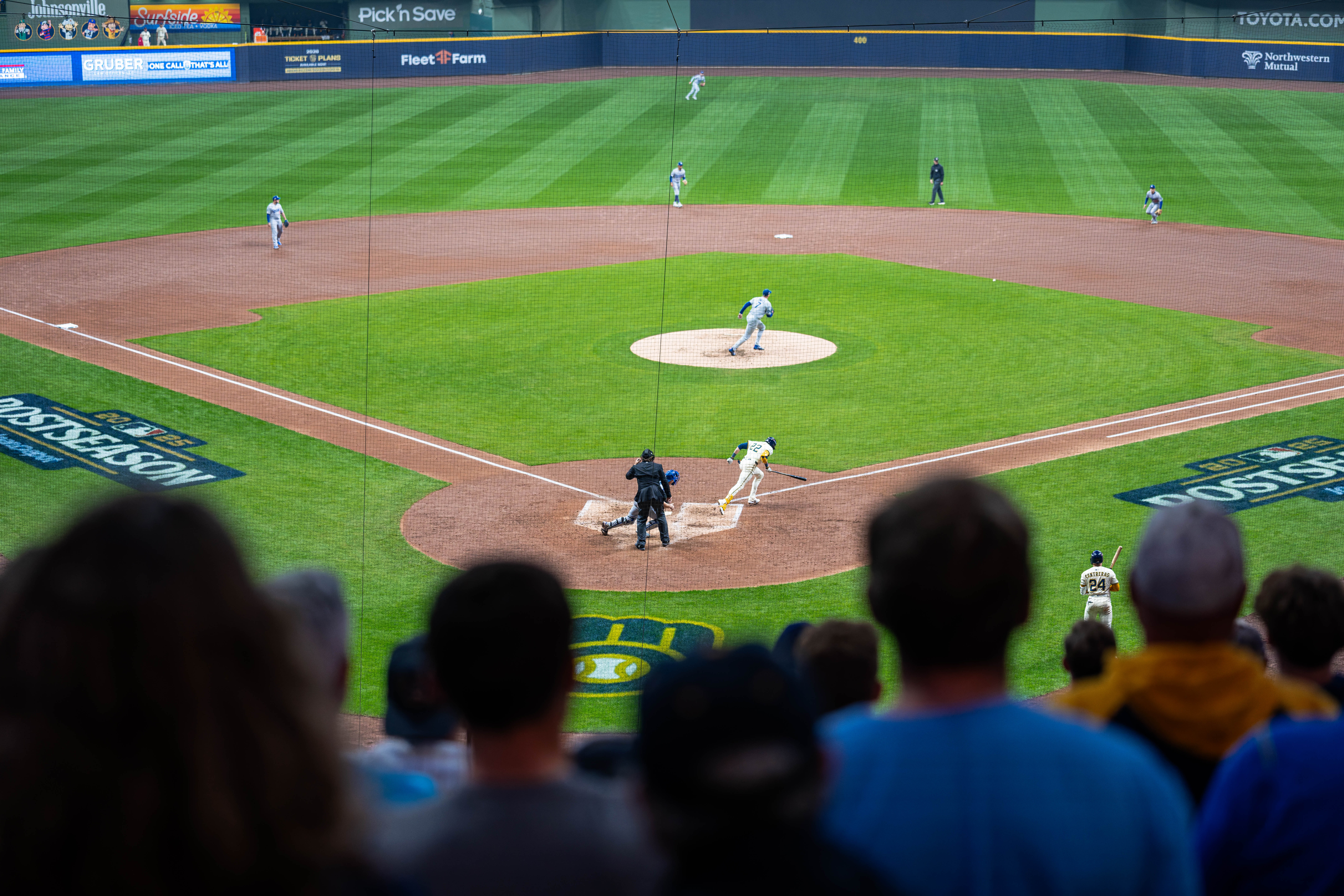 Oct 13, 2025; Milwaukee, Wisconsin, USA; Game 1 of the National League Championship Series between the Milwaukee Brewers and the Los Angeles Dodgers at American Family Field on October 13, 2025 in Milwaukee, Wisconsin. Photography by Ross Harried for Second Crop Sports.
