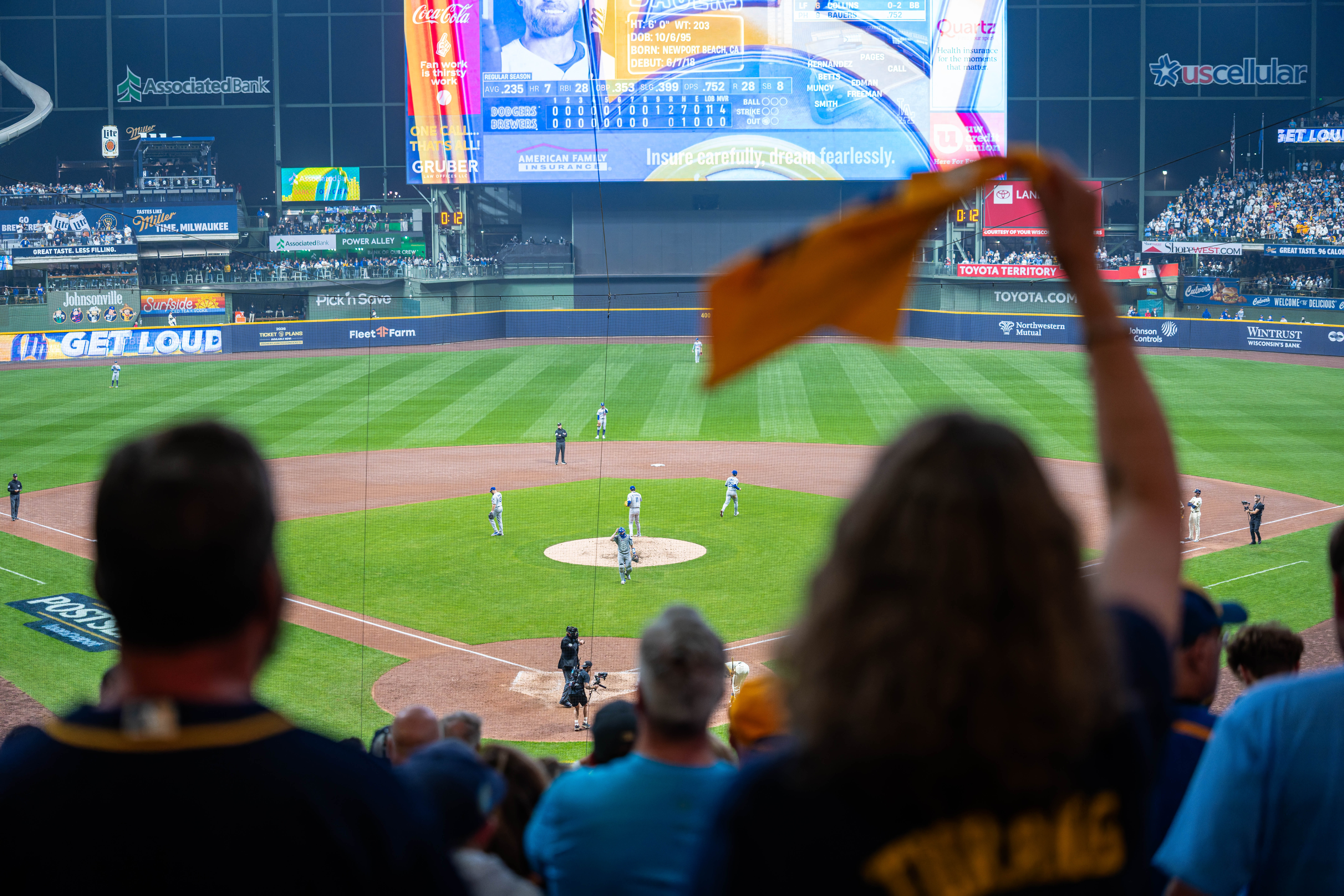 Oct 13, 2025; Milwaukee, Wisconsin, USA; Game 1 of the National League Championship Series between the Milwaukee Brewers and the Los Angeles Dodgers at American Family Field on October 13, 2025 in Milwaukee, Wisconsin. Photography by Ross Harried for Second Crop Sports.