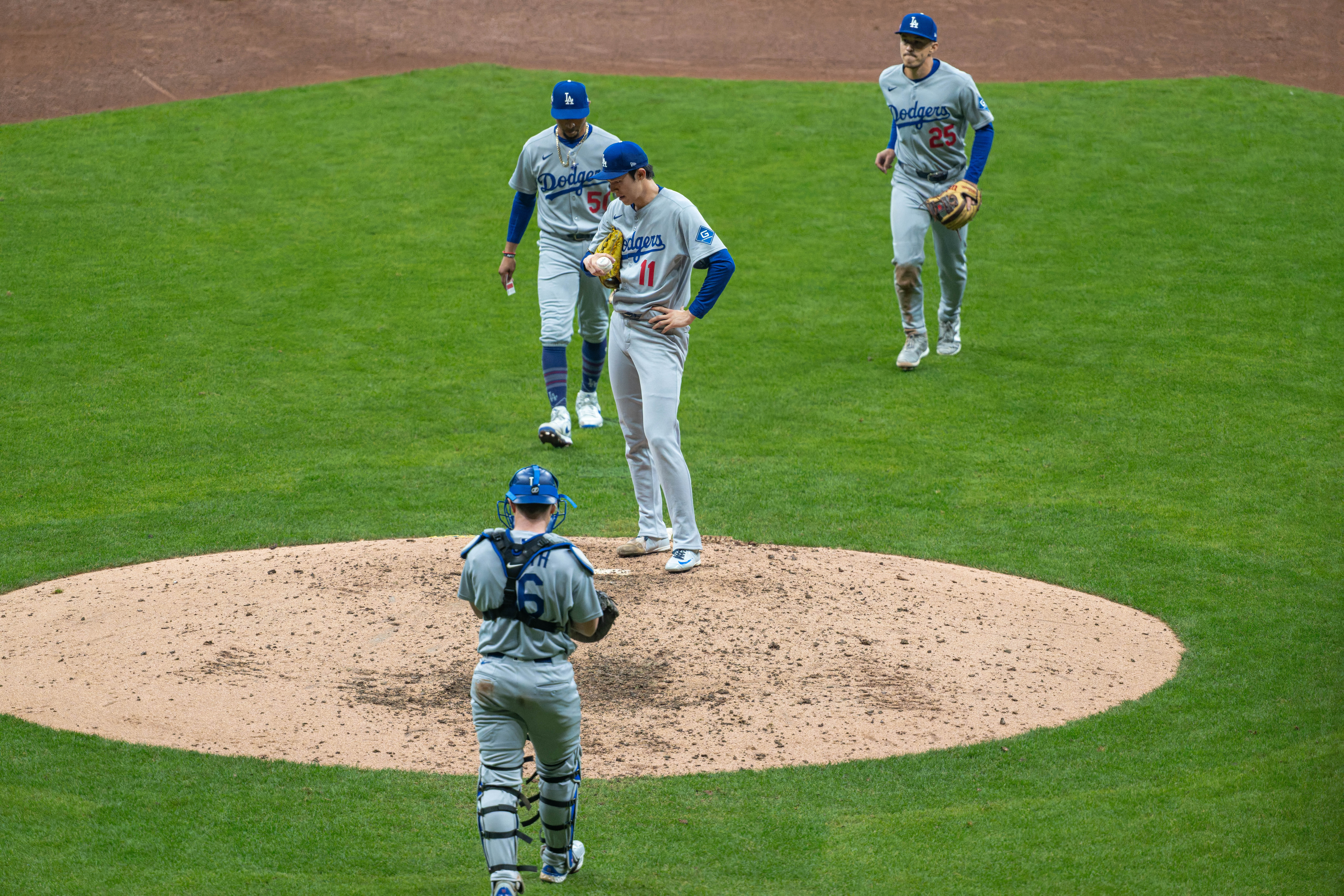 Oct 13, 2025; Milwaukee, Wisconsin, USA; Game 1 of the National League Championship Series between the Milwaukee Brewers and the Los Angeles Dodgers at American Family Field on October 13, 2025 in Milwaukee, Wisconsin. Photography by Ross Harried for Second Crop Sports.