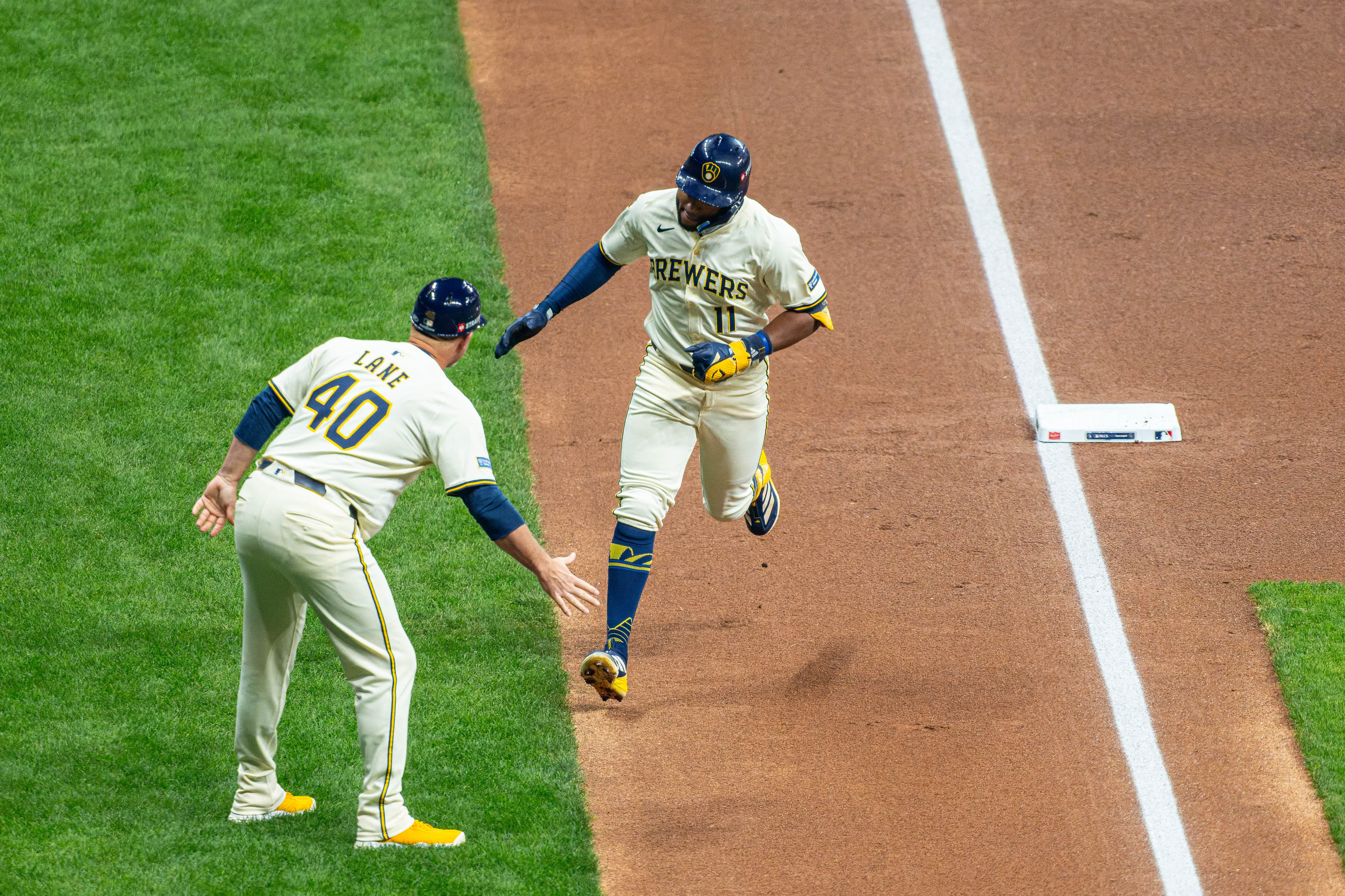 Oct 14, 2025; Milwaukee, Wisconsin, USA; Game 2 of the National League Championship Series between the Milwaukee Brewers and the Los Angeles Dodgers at American Family Field on October 14, 2025 in Milwaukee, Wisconsin. Photography by Ross Harried for European Pressphoto.