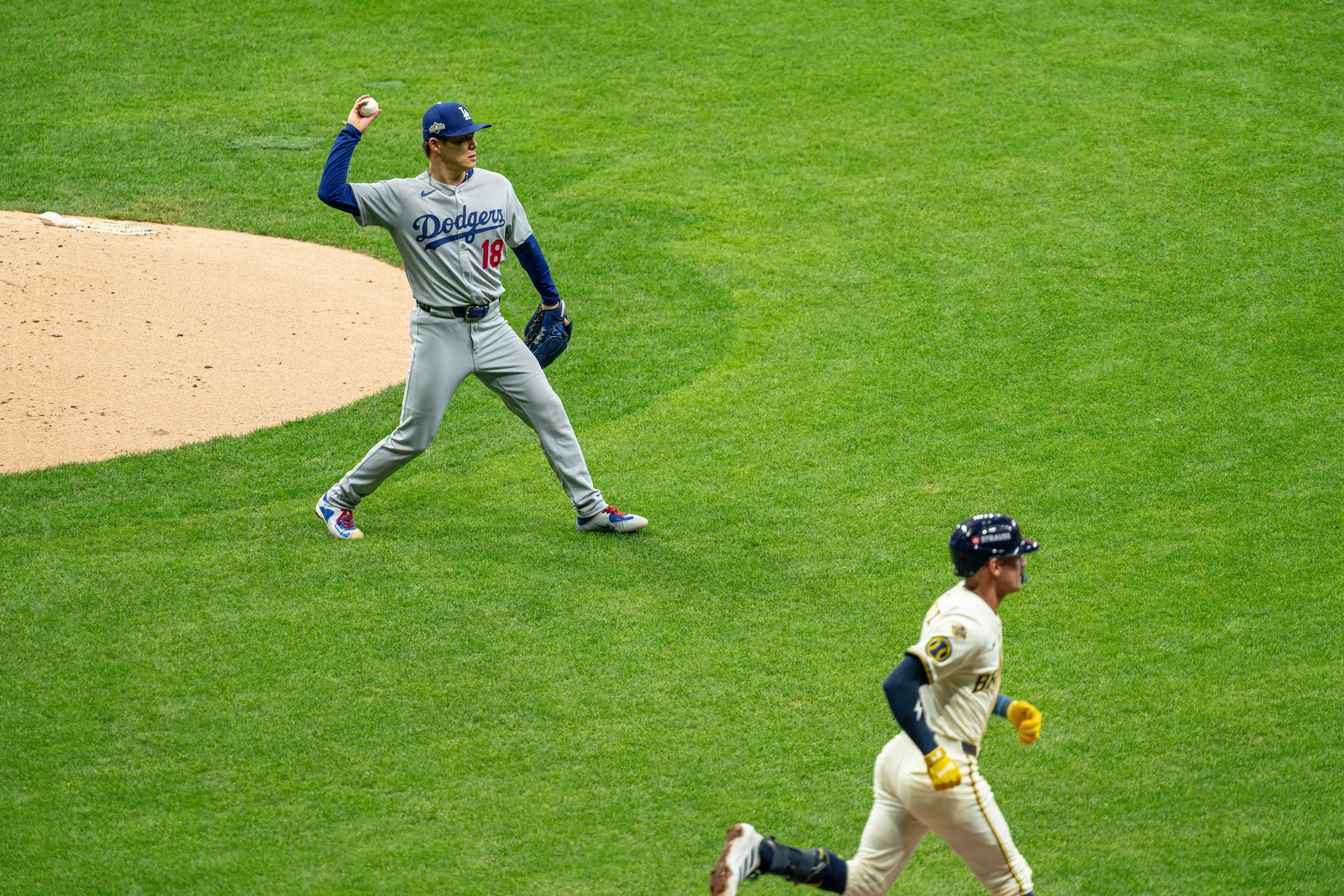 Oct 14, 2025; Milwaukee, Wisconsin, USA; Game 2 of the National League Championship Series between the Milwaukee Brewers and the Los Angeles Dodgers at American Family Field on October 14, 2025 in Milwaukee, Wisconsin. Photography by Ross Harried for European Pressphoto.