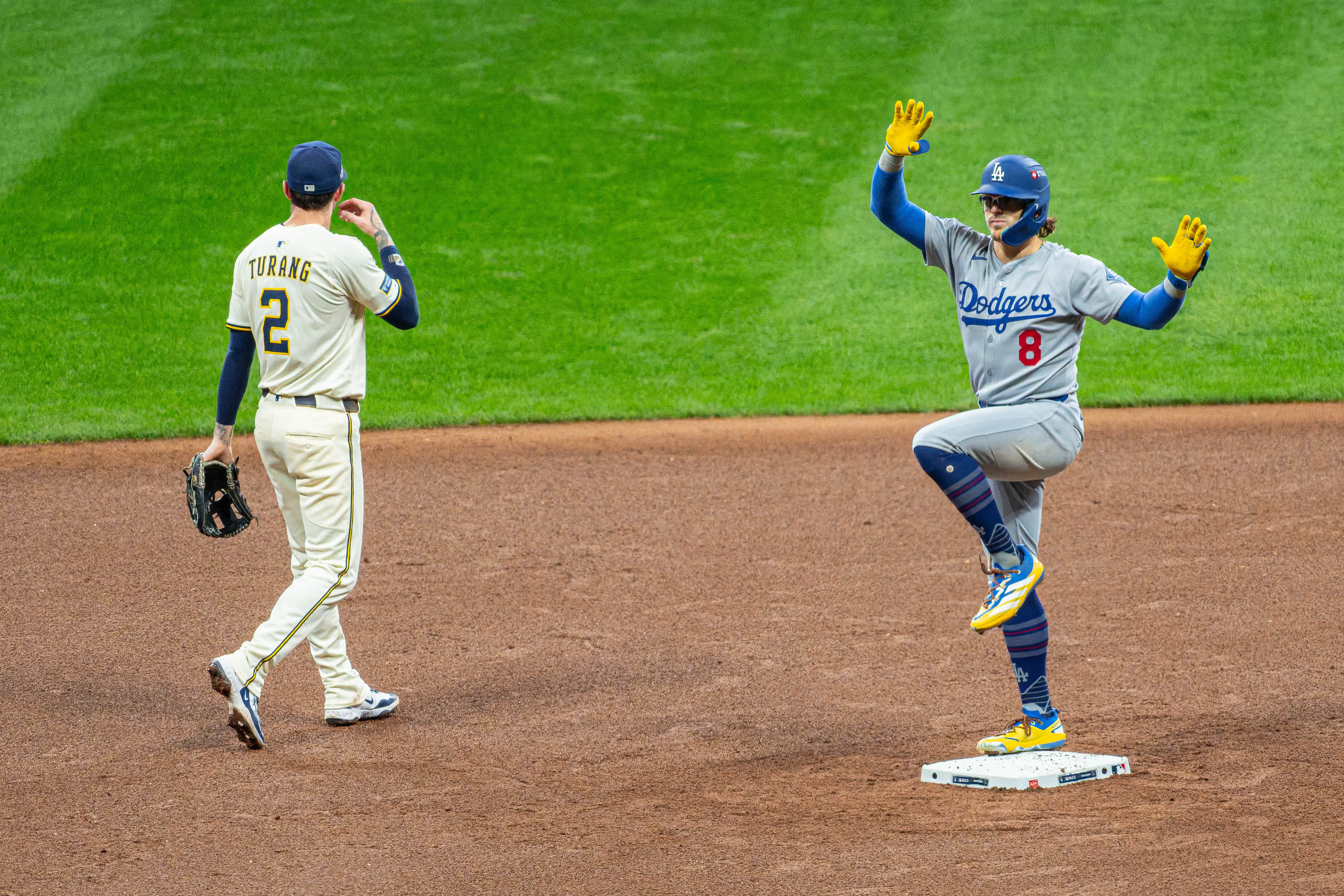 Oct 14, 2025; Milwaukee, Wisconsin, USA; Game 2 of the National League Championship Series between the Milwaukee Brewers and the Los Angeles Dodgers at American Family Field on October 14, 2025 in Milwaukee, Wisconsin. Photography by Ross Harried for European Pressphoto.
