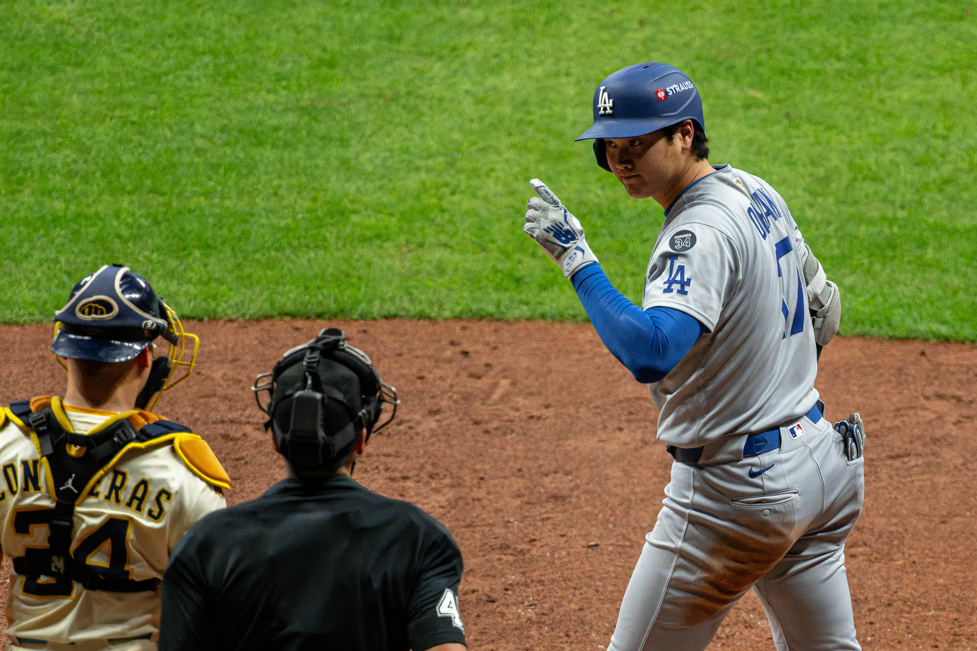 Oct 14, 2025; Milwaukee, Wisconsin, USA; Game 2 of the National League Championship Series between the Milwaukee Brewers and the Los Angeles Dodgers at American Family Field on October 14, 2025 in Milwaukee, Wisconsin. Photography by Ross Harried for European Pressphoto.