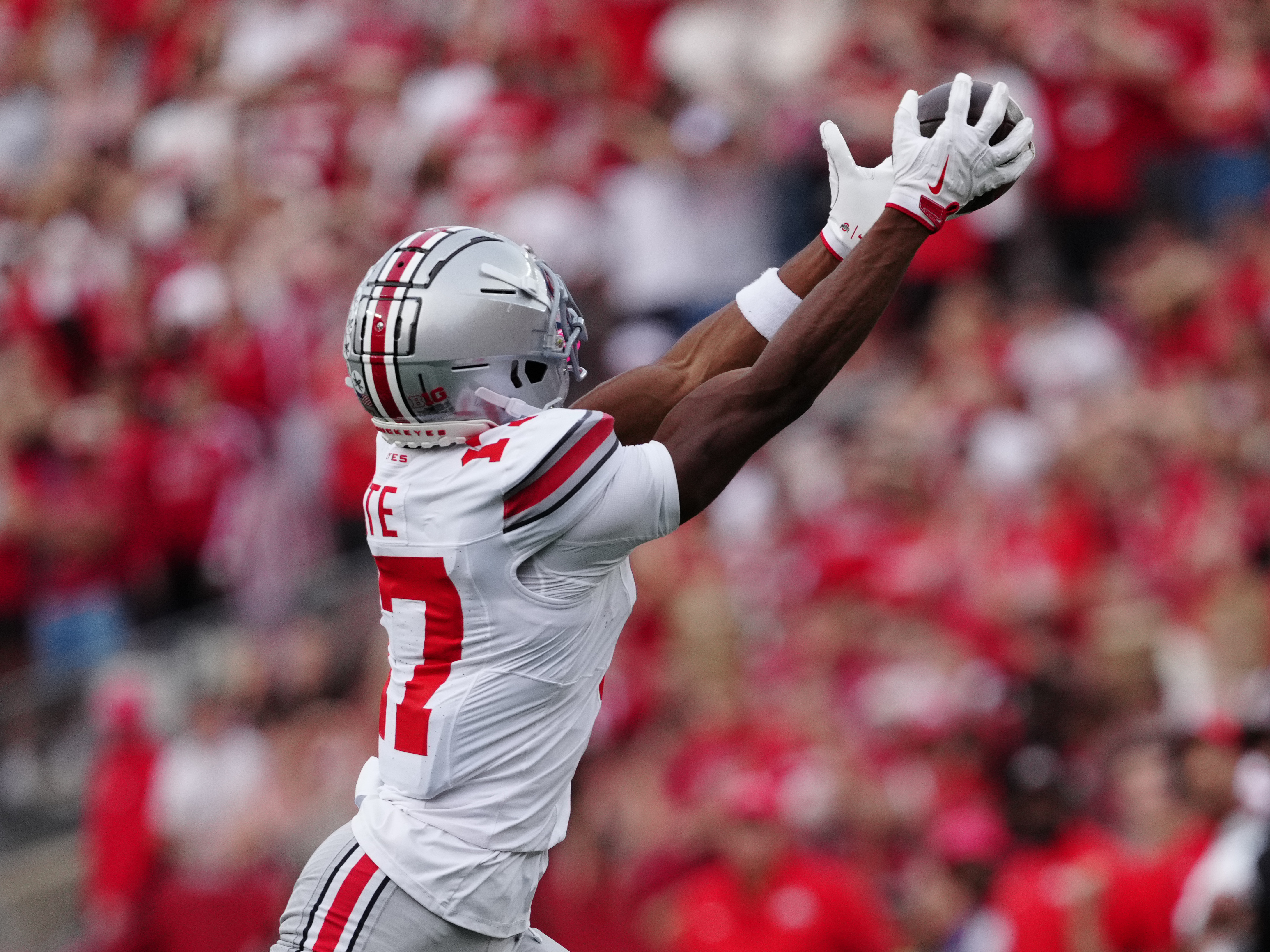 Oct 18, 2025; Madison, Wisconsin, USA; Ohio State Buckeyes wide receiver Carnell Tate (17) makes a catch in the second half against the Wisconsin Badgers at Camp Randall Stadium on October 18, 2025 in Madison, Wisconsin. Photography by Ross Harried for Second Crop Sports.