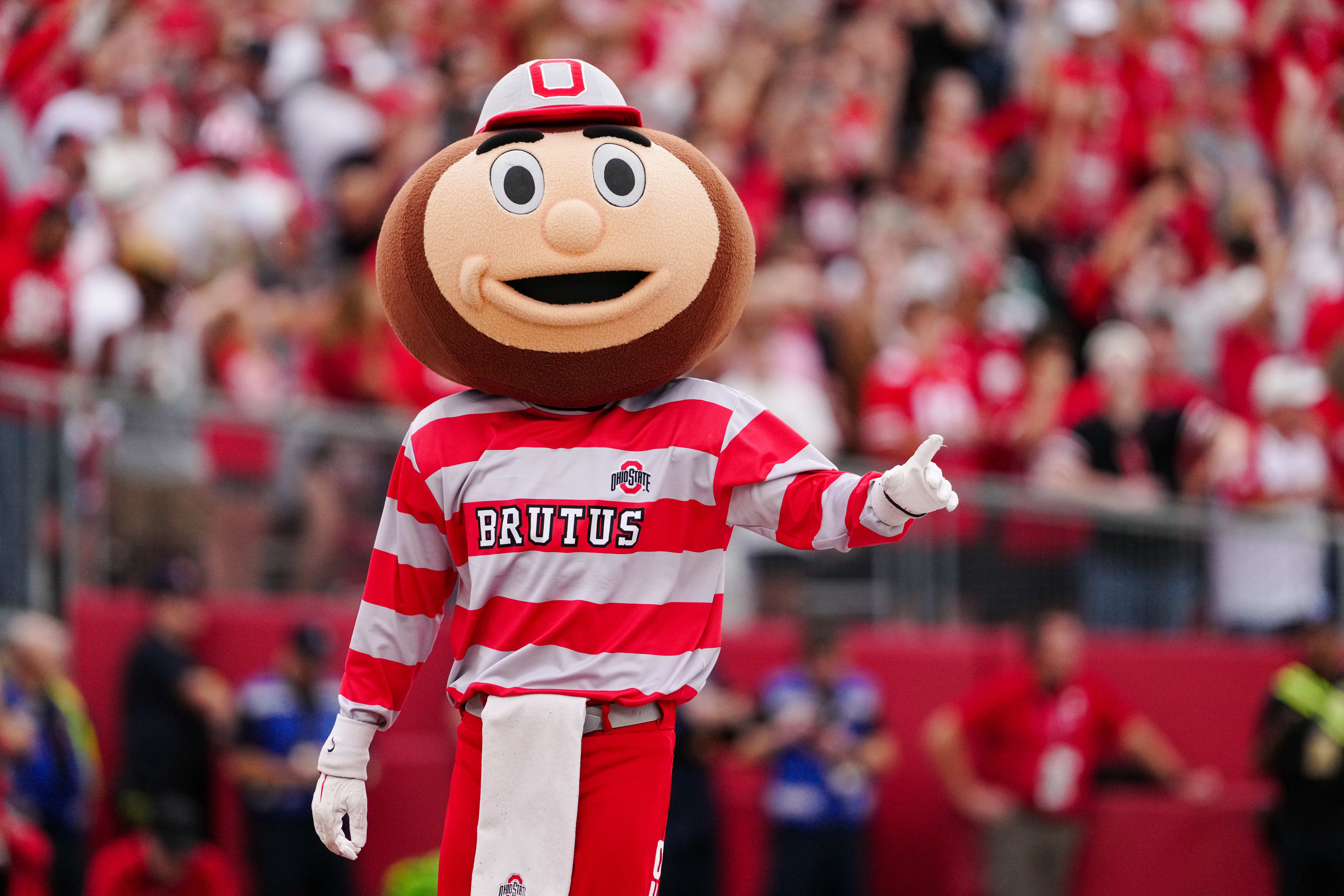 Oct 18, 2025; Madison, Wisconsin, USA; Ohio State Buckeyes mascot Brutus Buckeye durning a college football game between the Wisconsin Badgers and the Ohio State Buckeyes at Camp Randall Stadium on October 18, 2025 in Madison, Wisconsin. Photography by Ross Harried for Second Crop Sports.