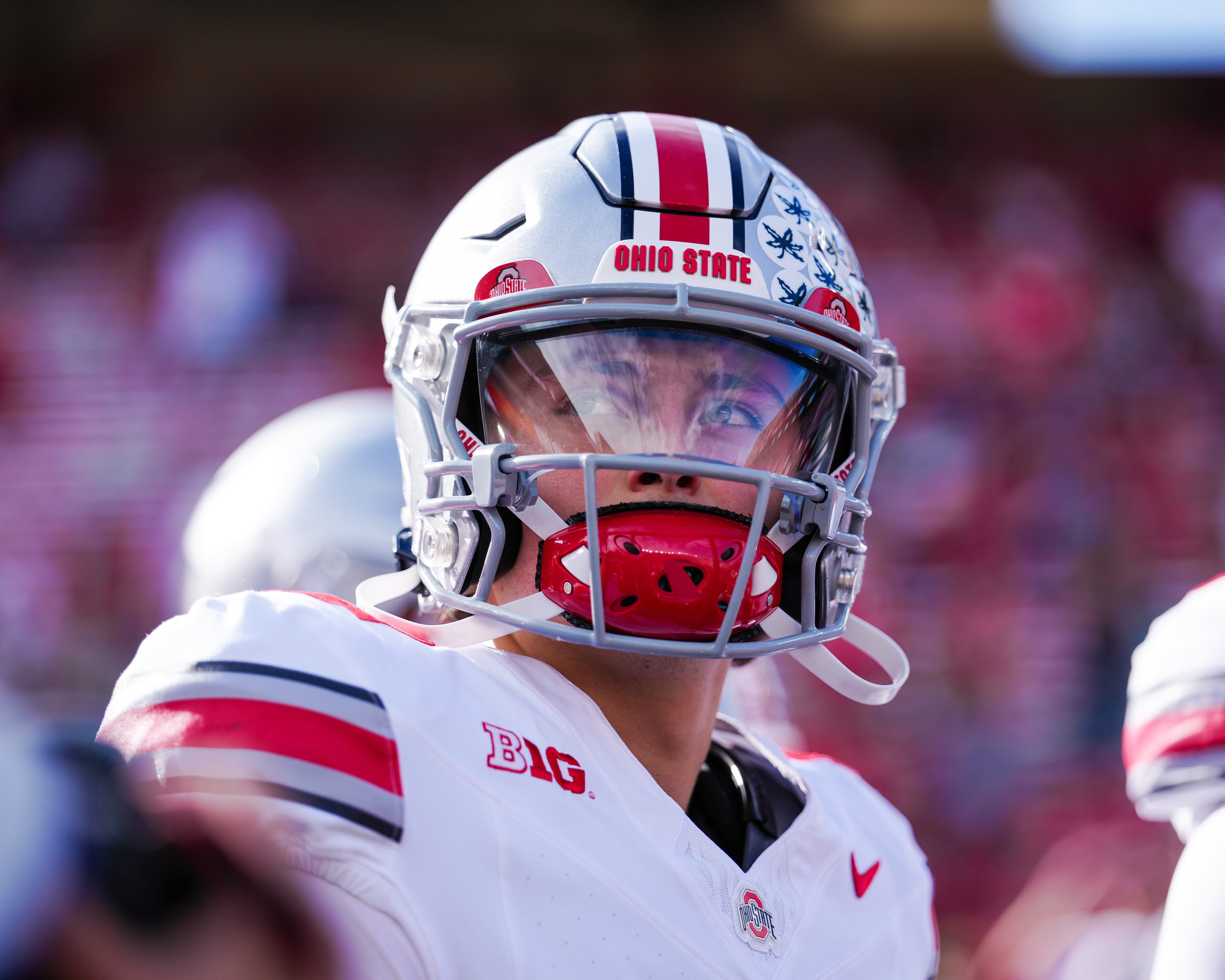 Oct 18, 2025; Madison, Wisconsin, USA; Ohio State Buckeyes quarterback Julian Sayin (10) looks into the stands before taking the field ahead of a college football game between the Wisconsin Badgers and the Ohio State Buckeyes at Camp Randall Stadium on October 18, 2025 in Madison, Wisconsin. Photography by Ross Harried for Second Crop Sports.