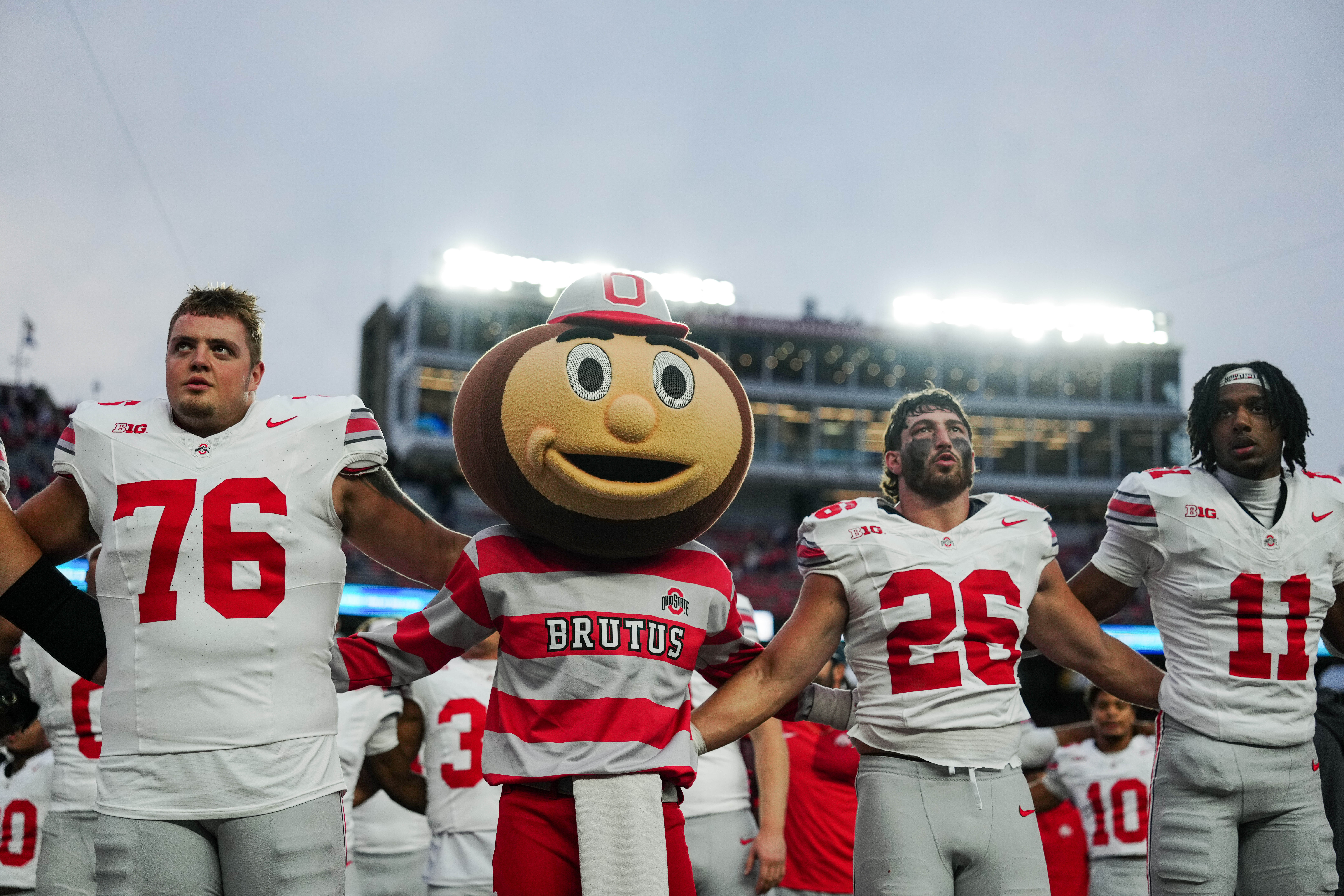 Oct 18, 2025; Madison, Wisconsin, USA; The Ohio State Buckeyes celebrate a shut out win against the Wisconsin Badgers at Camp Randall Stadium on October 18, 2025 in Madison, Wisconsin. Photography by Ross Harried for Second Crop Sports.