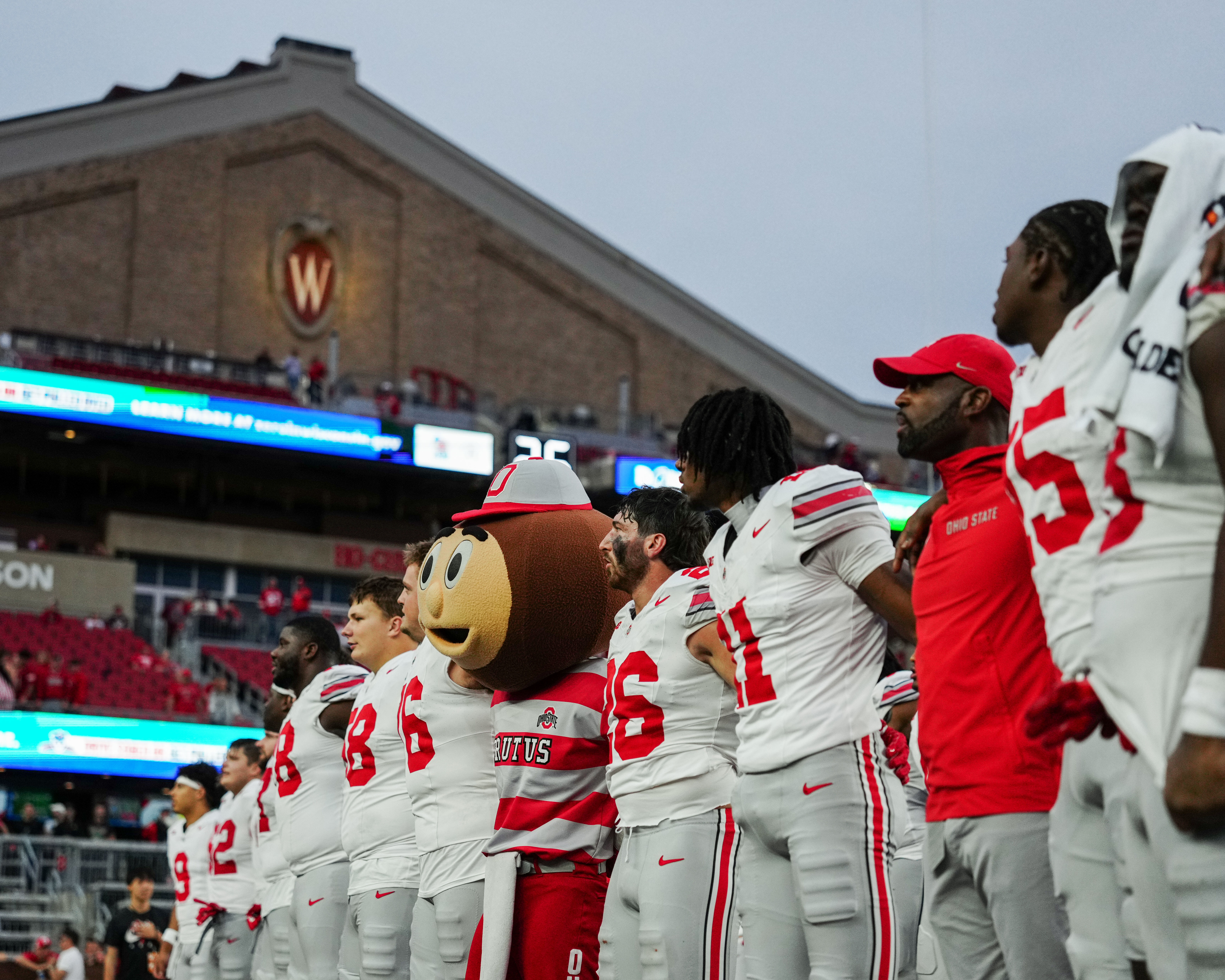 Oct 18, 2025; Madison, Wisconsin, USA; The Ohio State Buckeyes celebrate a shut out win against the Wisconsin Badgers at Camp Randall Stadium on October 18, 2025 in Madison, Wisconsin. Photography by Ross Harried for Second Crop Sports.