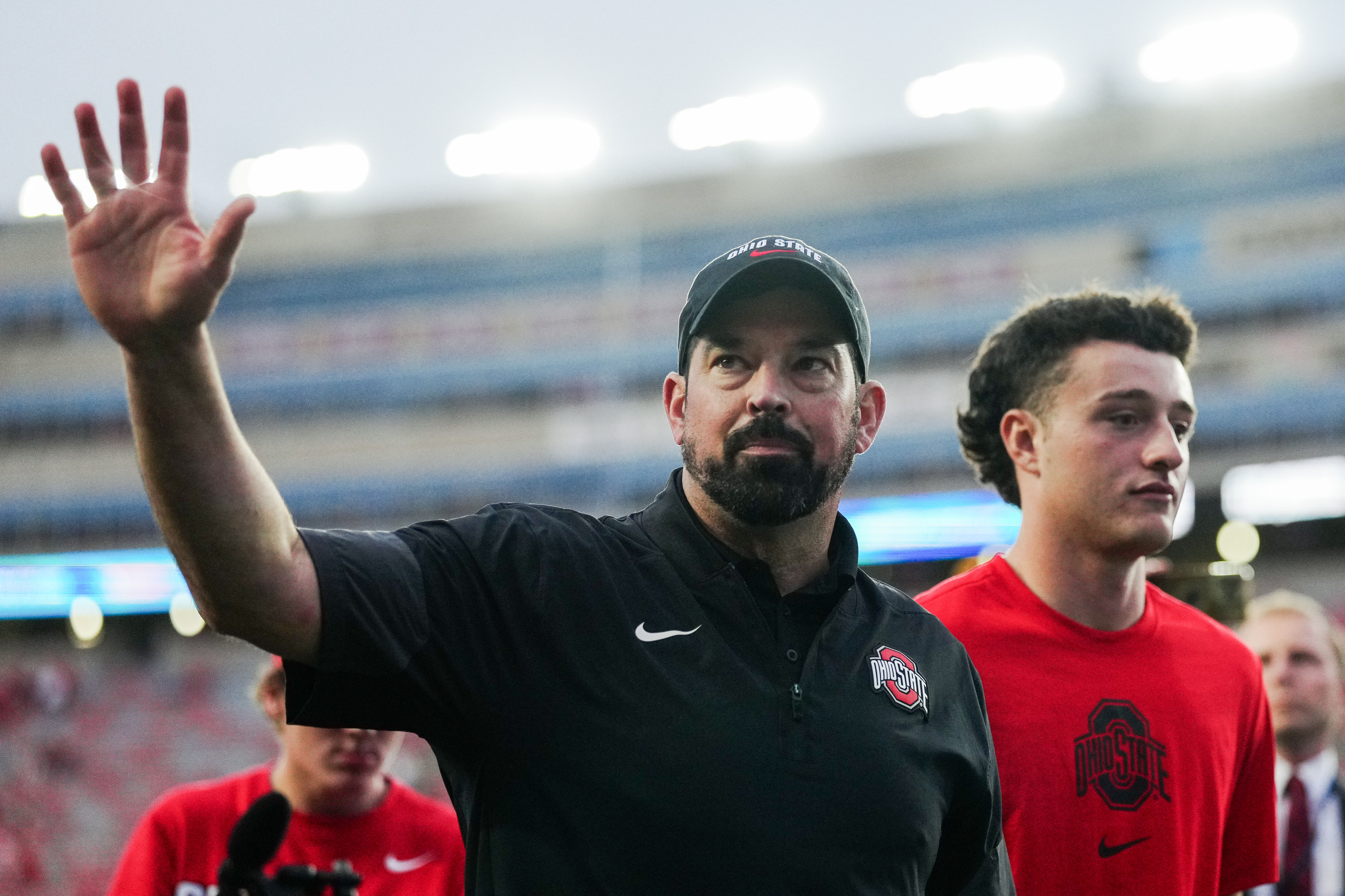 Oct 18, 2025; Madison, Wisconsin, USA; Ohio State Buckeyes head coach Ryan Day heads to the locker room after shutting out the Wisconsin Badgers at Camp Randall Stadium on October 18, 2025 in Madison, Wisconsin. Photography by Ross Harried for Second Crop Sports.