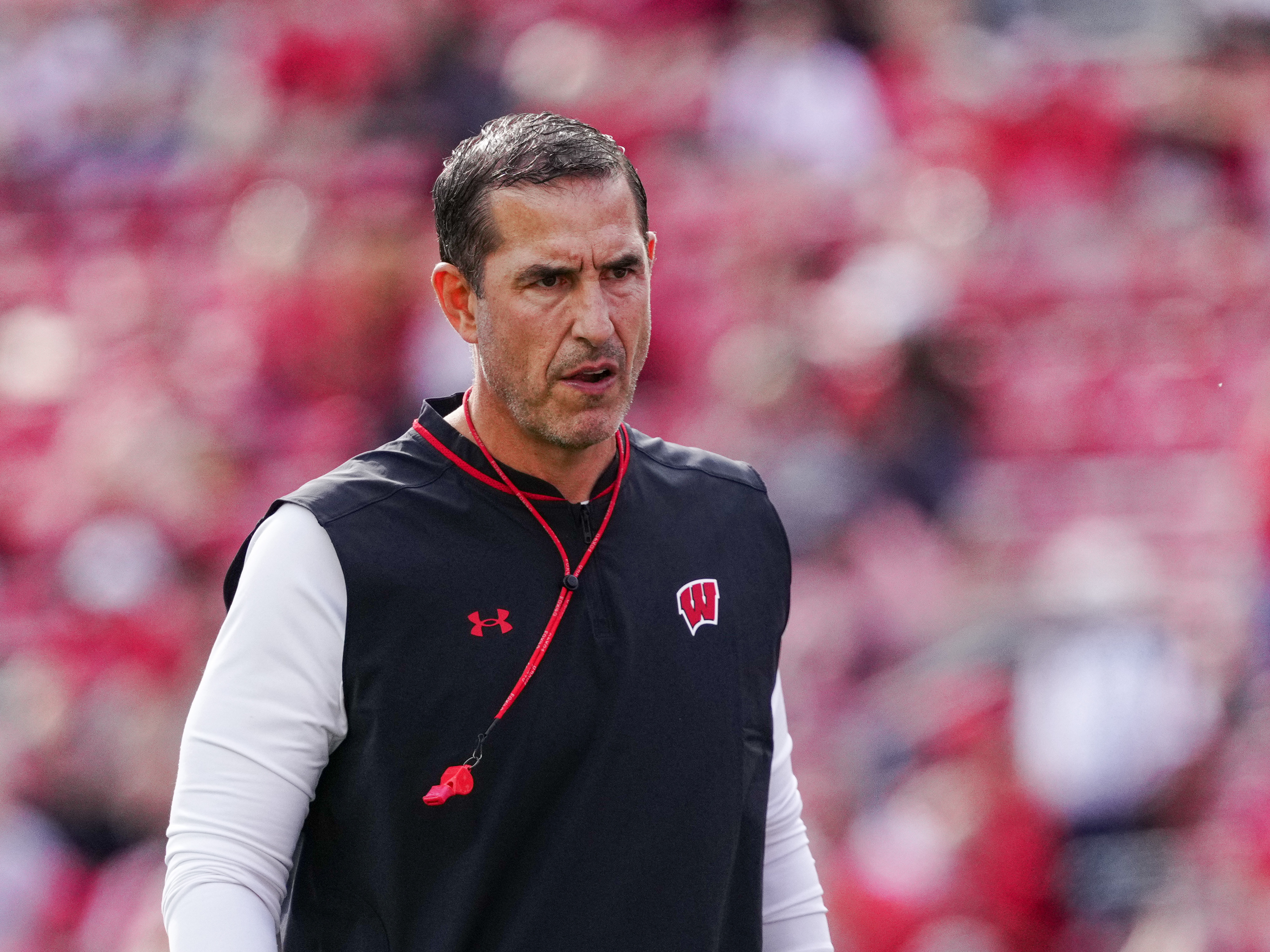 Oct 18, 2025; Madison, Wisconsin, USA; Wisconsin Badgers head coach Luke Fickell before a college football game between the Wisconsin Badgers and the Ohio State Buckeyes at Camp Randall Stadium on October 18, 2025 in Madison, Wisconsin. Photography by Ross Harried for Second Crop Sports.