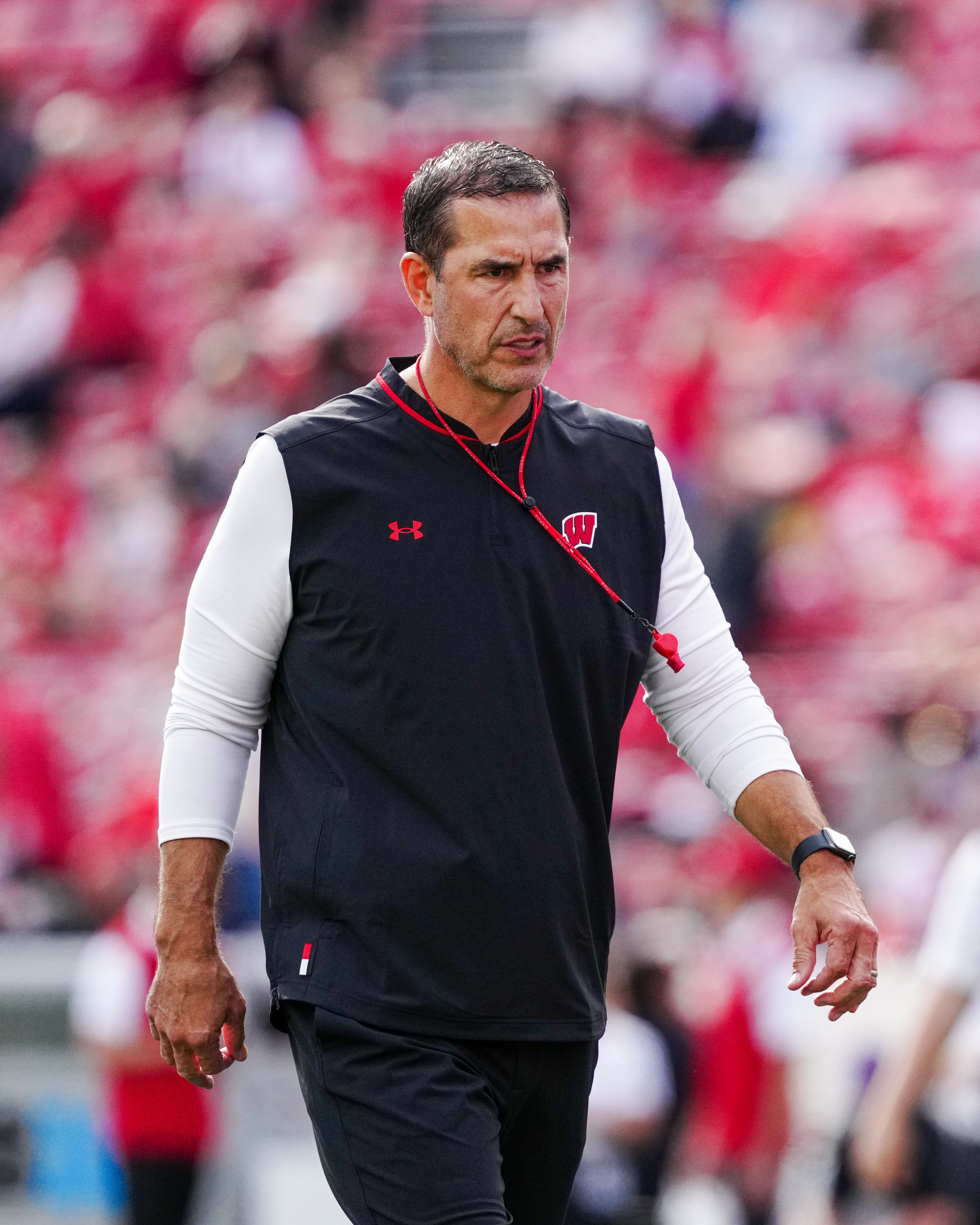 Oct 18, 2025; Madison, Wisconsin, USA; Wisconsin Badgers head coach Luke Fickell before a college football game between the Wisconsin Badgers and the Ohio State Buckeyes at Camp Randall Stadium on October 18, 2025 in Madison, Wisconsin. Photography by Ross Harried for Second Crop Sports.